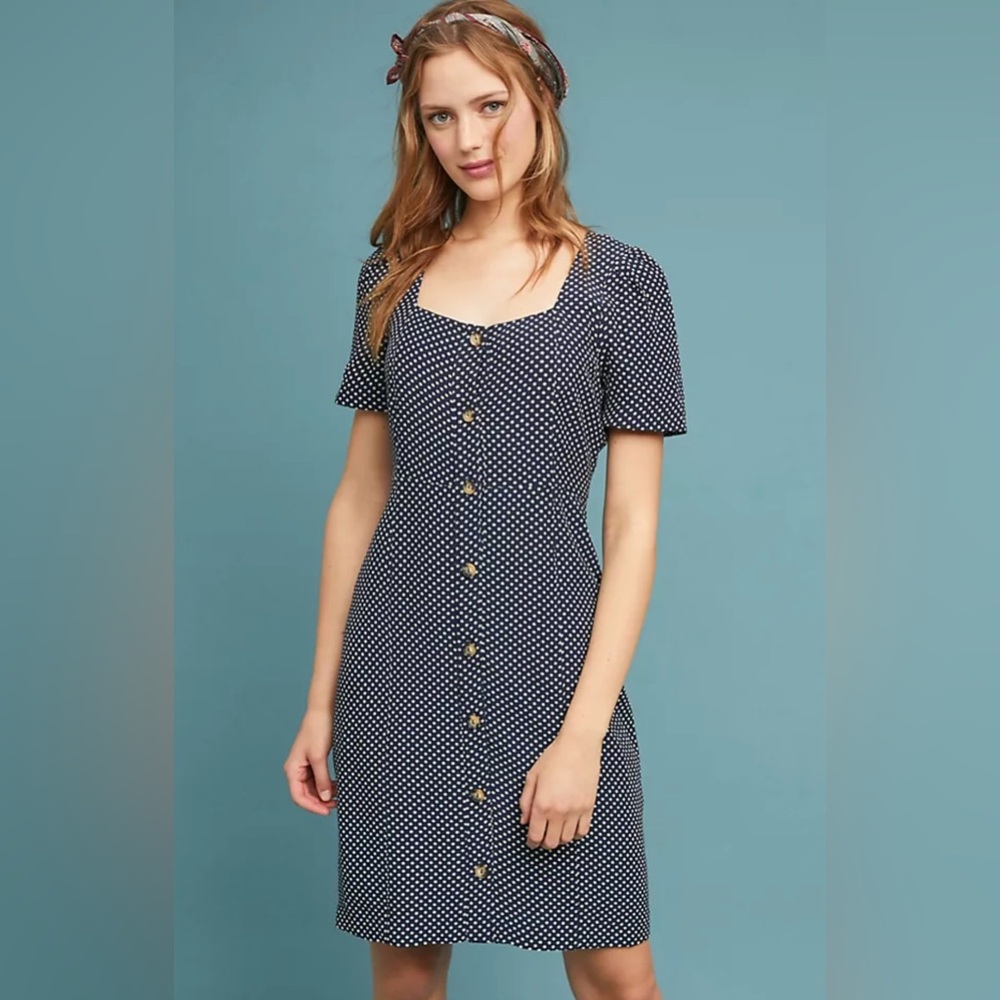 Maeve by Anthropologie Cecile Polka Dot Puff Sleeve Dress Navy Blue Size 10P